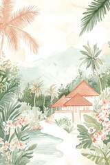 Detailed Gouache Illustration of Bali Sunny Morning with Soft Pastel Colour Palette Vintage Vogue