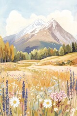 Detailed Gouache Illustration of Ben Nevis in Scotland on a Sunny Morning with Soft Pastel Colors