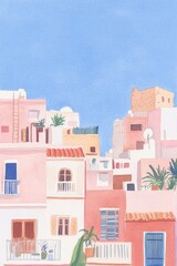Detailed Gouache Illustration of Cairo Egypt Sunny Morning Vintage Vogue Soft Pastel Palette