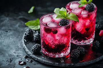Refreshing Blackberry Mint Iced Cocktails vibrant summer drinks dark background ice cubes crystal glasses