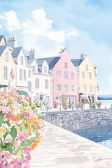 Detailed Gouache Illustration of Galway Ireland on a Sunny Morning