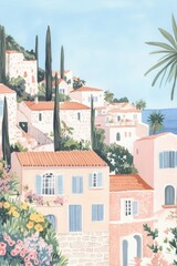 Detailed Gouache Illustration of Lebanon on a Sunny Morning with Soft Pastel Colors