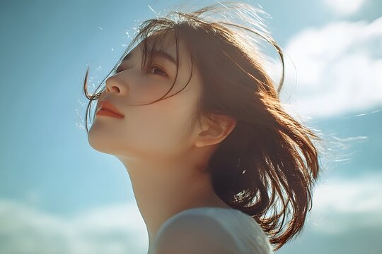 A young Asian woman looks up at the sky with a calm expression