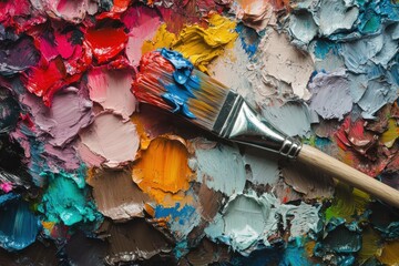Fototapeta premium Colorful paint palette with brush resting on vibrant paints in an artist's studio