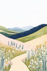 Detailed Gouache Illustration of Peak District Landscape on a Sunny Morning with Soft Pastel Colour Palette