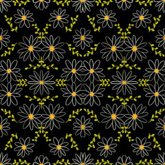 Seamless Hand-Drawn Daisy Floral Pattern on Black