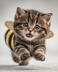Obraz premium Adorable kittens dressed in fluffy bee costumes with tiny wings – perfect for children’s content, playful brand campaigns, greeting cards, or cheerful pet-themed marketing visuals.