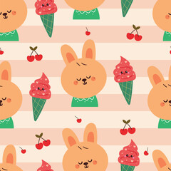 seamless pattern cute cartoon bunny with strawberry ice cream character. cute animal drawing for wallpaper and background