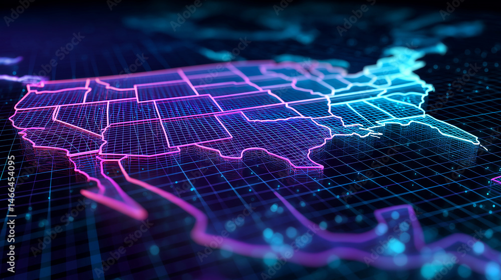 Fototapete illuminated american map: a vibrant, futuristic depiction of the united states map is rendered with 