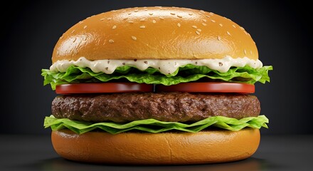 Hyper realistic close-up beef burger with garlic sauce