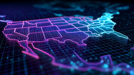 Illuminated American Map: A vibrant, futuristic depiction of the United States map is rendered with neon lines and a glowing digital grid, symbolizing connectivity and technological advancement. 