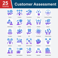 Fototapeta premium Customer Assessment is a collection of icons illustrating client experience, service evaluation, responsiveness, and quality metrics to improve customer satisfaction and business trust.
