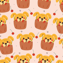 seamless pattern cute cartoon puppy inside cupcake with cherry. animal pattern for wallpaper, background and gift wrap paper