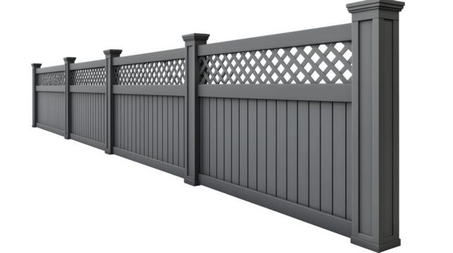 Grey vinyl privacy fence section, closed square lattice top accent, modern look, smooth finish, hyperrealistic rendering, isolated on Transparent Background