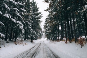 Obraz premium Snowy Road Winding Through Dense Pine Trees in Winter Landscape Showcasing Tire Tracks and Serene Surroundings Generative AI