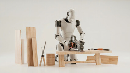 Humanoid robot operating electric saw while crafting wooden furniture pieces in minimalist workshop. Concept of AI-assisted woodworking and automation in craftsmanship