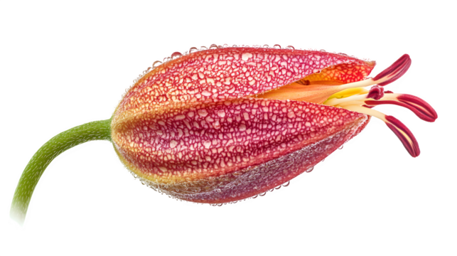 Hyperrealistic photo of a single perfect Passionflower bud, tightly closed, hinting at the complexity within, detailed sepals, isolated on Transparent Background