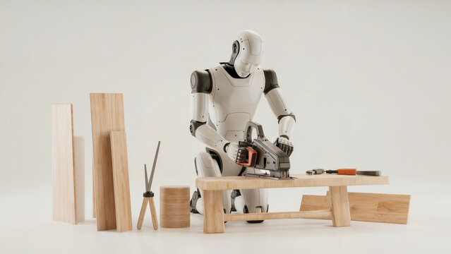 Humanoid robot operating electric saw while crafting wooden furniture pieces in minimalist workshop. Concept of AI-assisted woodworking and automation in craftsmanship