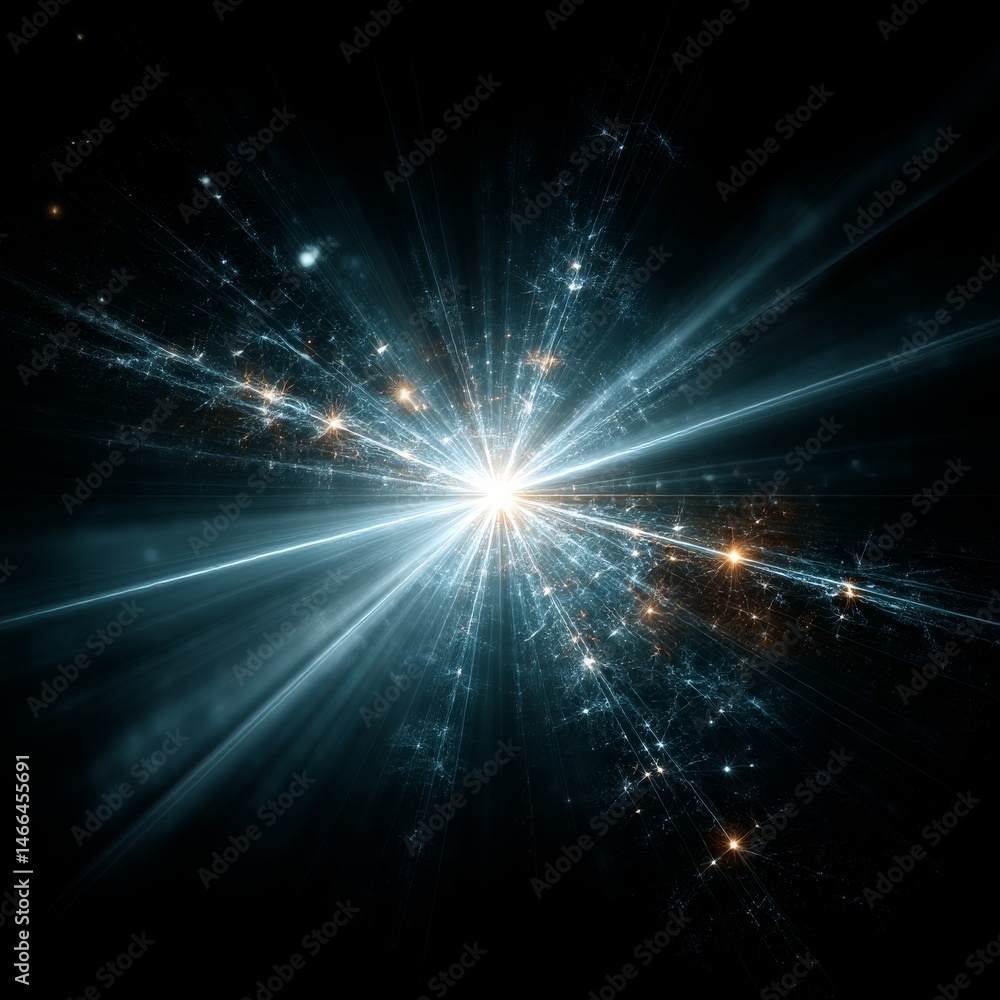 Poster Cosmic Radiance: An Abstract Explosion of Light, Lines, and Sparkles Against a Dark Void, Embodying Energy and Creation
