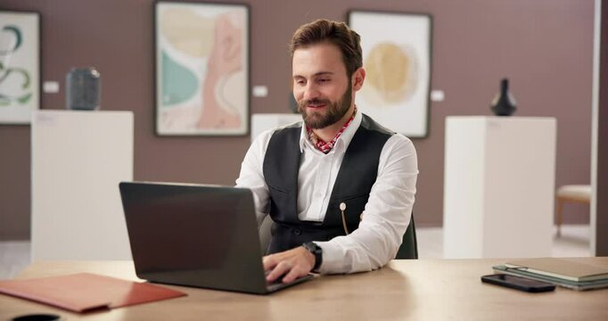 Art, typing and man at exhibition with laptop, critic and online review of creative business culture. Gallery, sales agent and curator on website for presentation, auction or showroom with research