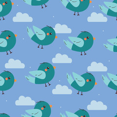 seamless pattern cartoon birds with blue clouds. cute animal pattern for wallpaper, background and gift wrap paper