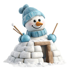 A Cartoon Snowman Building a Snow Fort with Shovel Isolated on Transparent Background