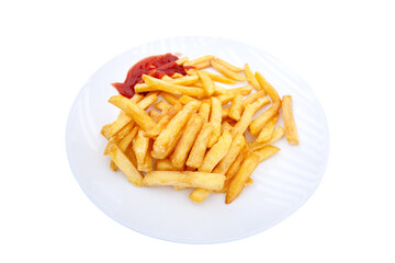 French fries on paper tray on table isolated