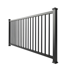 Photorealistic image of a simple black aluminum fence section, vertical bars, flat top rail, modern minimalist design, matte finish, ultra HD, isolated on a Transparent background.