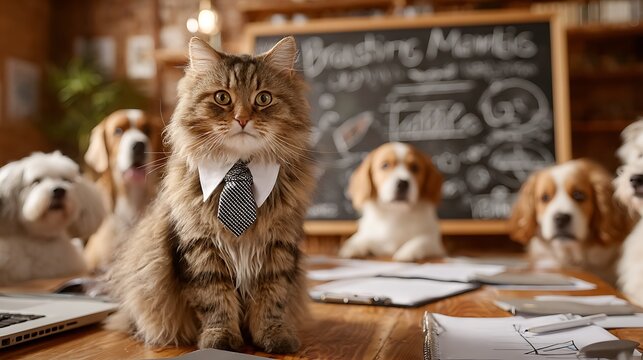 Funny anthropomorphic cat in a business suit giving a marketing presentation to a group of attentive dogs in a boardroom setting. Humor, creativity, and leadership concept.