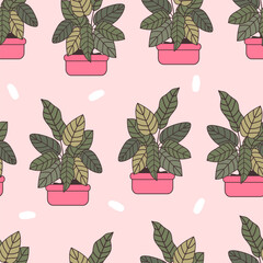 cute hand drawn cartoon potted plants with green leaves and pink pots seamless vector pattern background illustration