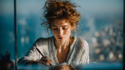 Businesswoman writing ideas in planner at modern office space focused mindset productive environment