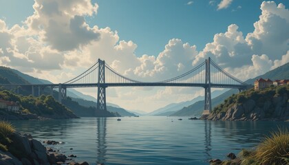 Obraz premium Majestic Suspension Bridge Spanning Serene Coastal Waters