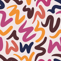 Fun colorful line doodle seamless pattern for kids birthday party or celebration background, trendy design with scribble shapes on black backdrop