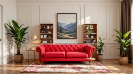 Cozy Red Chesterfield Sofa in Elegant Living Room with Mountain Landscape Artwork and Lush Green Plants