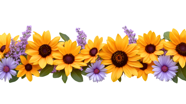 Photorealistic render of a floral border made with vibrant yellow sunflowers and contrasting purple Aster flowers, dynamic color combination, isolated on Transparent Background