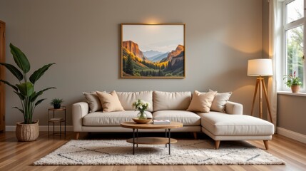 Modern living room with cozy sofa, elegant decor, and beautiful landscape artwork on wall