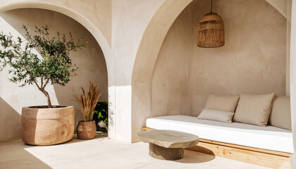 Eco Style Wabi Sabi Balcony Interior Design With Organic Sofa And Natural Clay and Wooden Textures