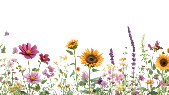 Photorealistic render of a floral border containing a mix of realistic sunflowers, pink cosmos, and tall purple Verbena bonariensis, wildflower meadow feel, isolated on Transparent Background