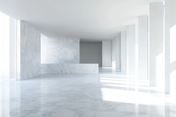 spacious modern white bathroom with marble floors and walls, minimal interior, 3d render with soft natural lighting