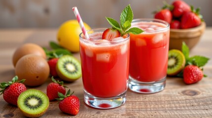 Refreshing Strawberry Kiwi Drink with Fresh Fruit Garnish on a Rustic Wooden Table