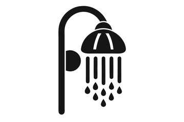 Simple black shower head icon is dispensing water droplets in a minimalist style