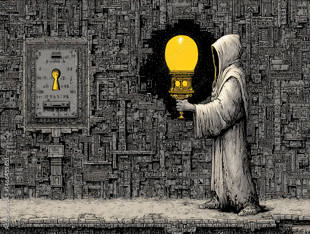 Poster an illustration of a hooded individual holding a lantern that casts light on a complex cipher next t