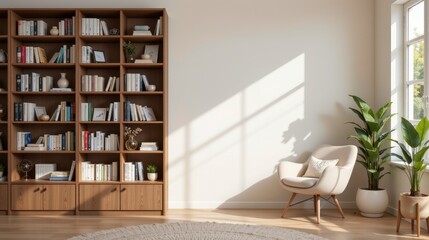 Cozy modern living room with wooden bookshelf, comfortable chair, natural light, and indoor plants