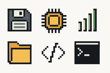 Retro pixel computer and coding icons Vector
