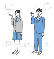 junior high school students, explaining, full body, vector illustration
