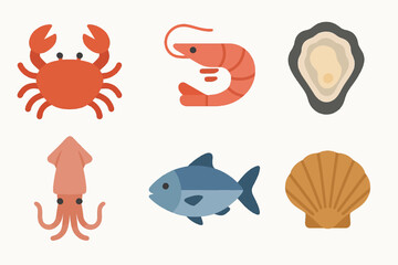 Obraz premium Flat seafood and sea animal vector icons Vector