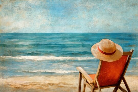 Relaxing seaside view with stylish sun hat and empty chair on sandy shore