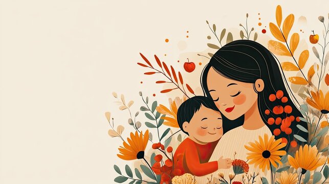 illustration shows a mother holding her son, surrounded by flowers. This image can be used on websites and blogs for topics related to motherhood, family, healthcare, or parenting advice.