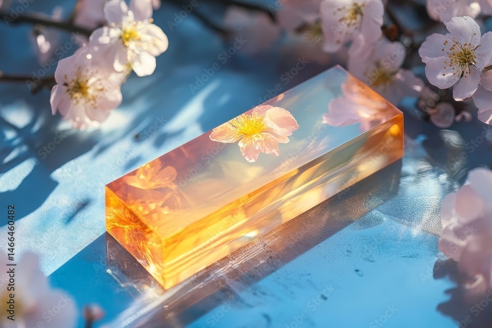 Poster translucent rectangular block with captured flower.