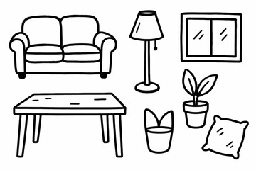 Fototapeta premium Hand-drawn living room furniture and decor icons Vector